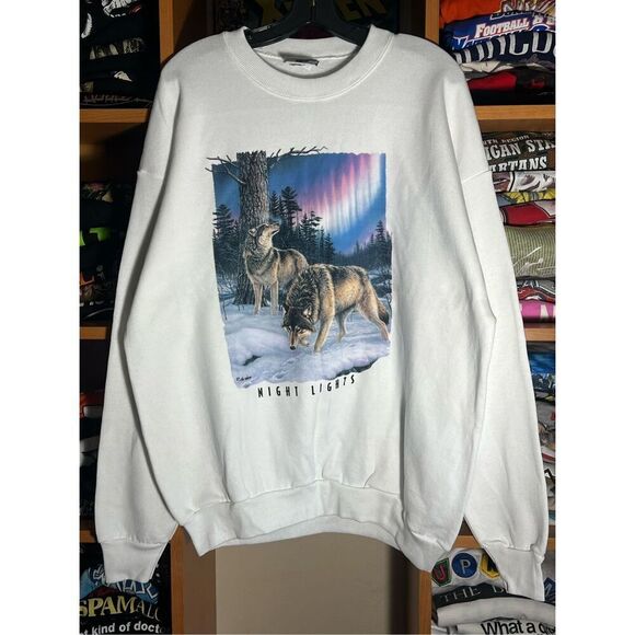 Vintage 90s Wolves Northern Lights Aurora Nature Sweater - Picture 1 of 7